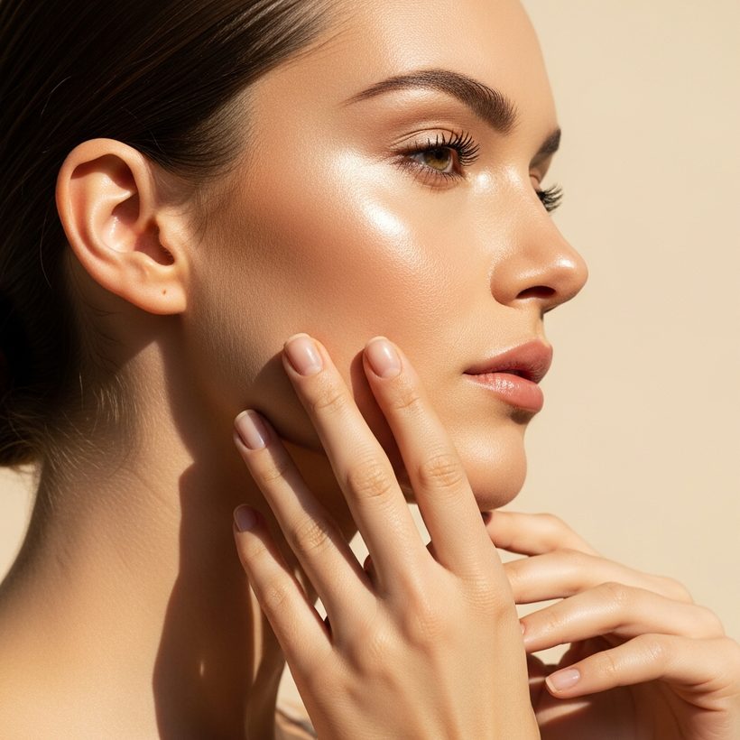 Sculpted lifted cheekbone and firm luminous jawline after collagen restoration