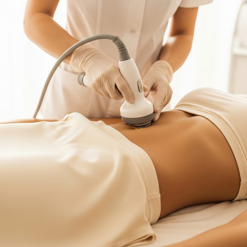 Ultrasonic body sculpting handpiece being glided across the midsection
