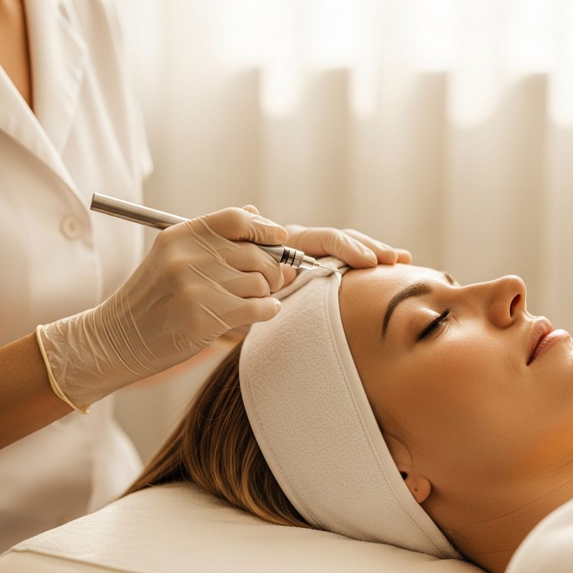 Practitioner performing a wrinkle relaxer treatment on a relaxed client's forehead