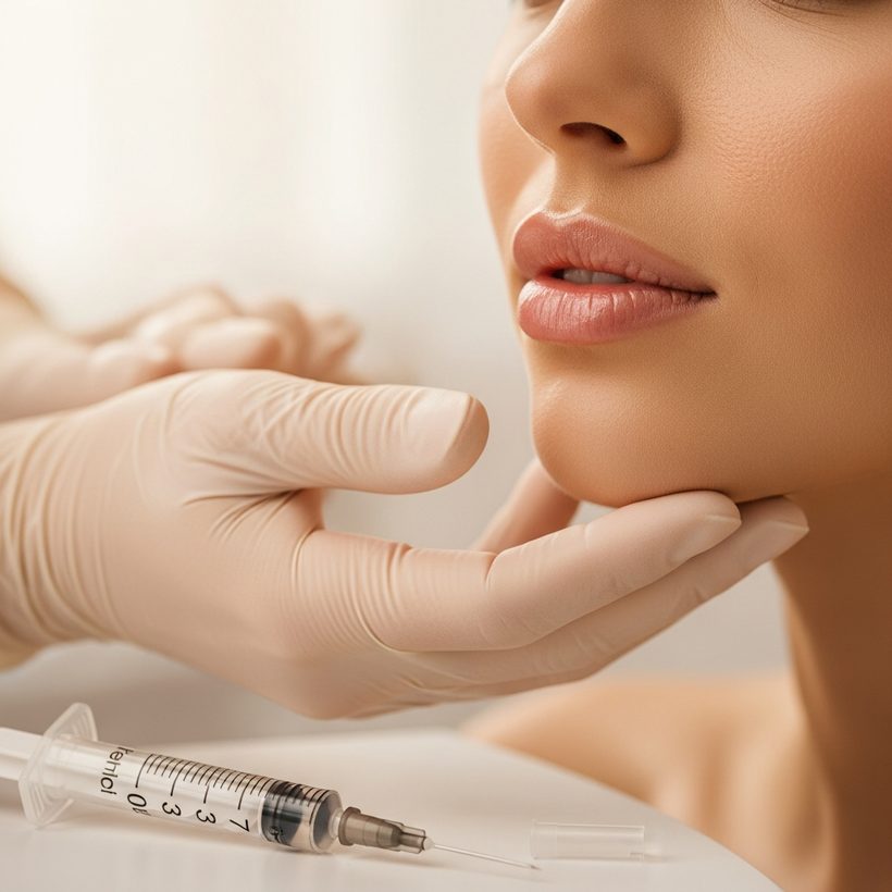 Close view of full natural lips during a dermal filler consultation