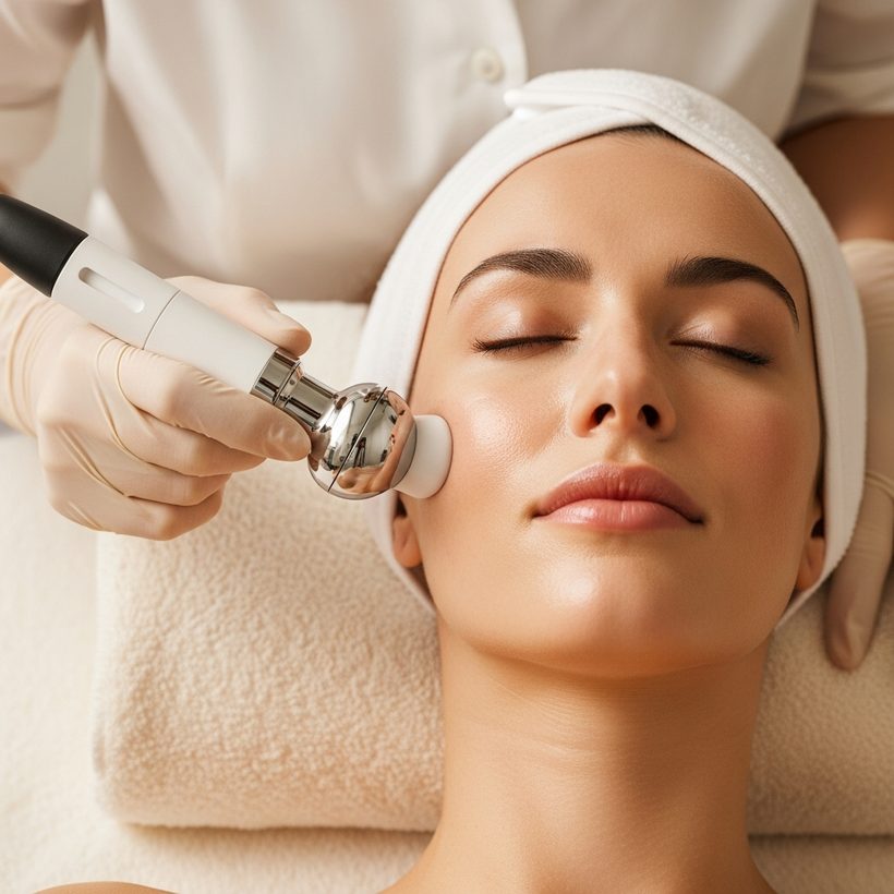 HydraFacial treatment wand gliding across a client's cheek
