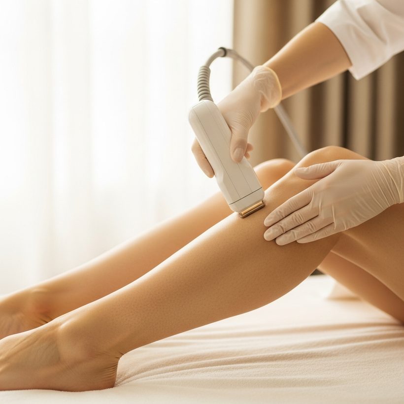 Laser hair removal treatment being performed on a smooth lower leg