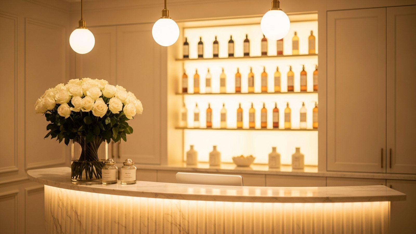 Upscale medical spa reception with a curved marble desk and white roses