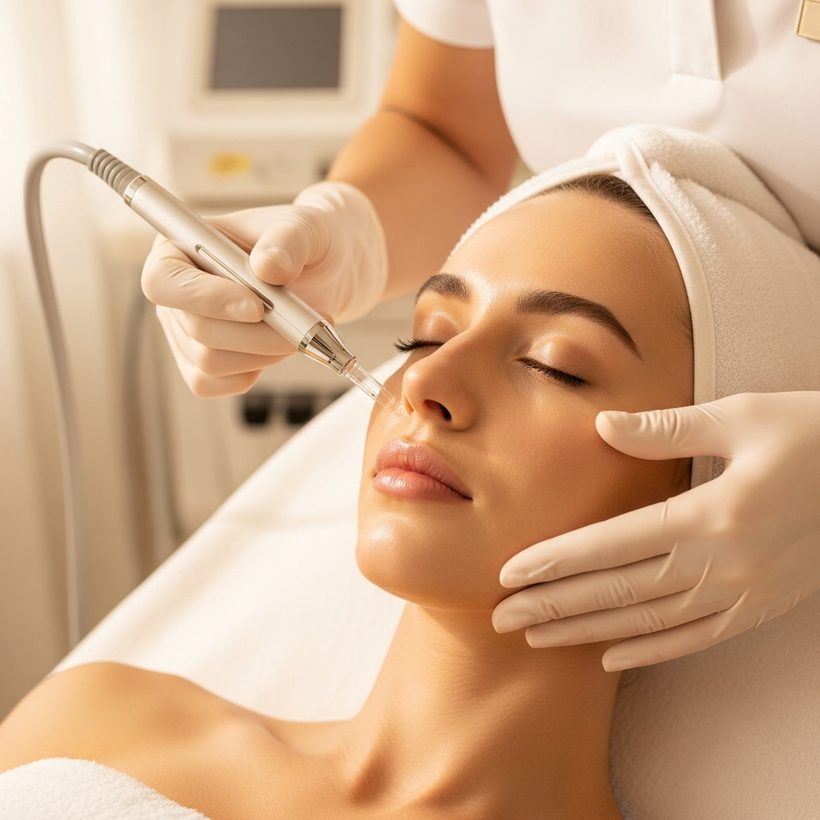 Microneedling pen being guided across a client's cheek