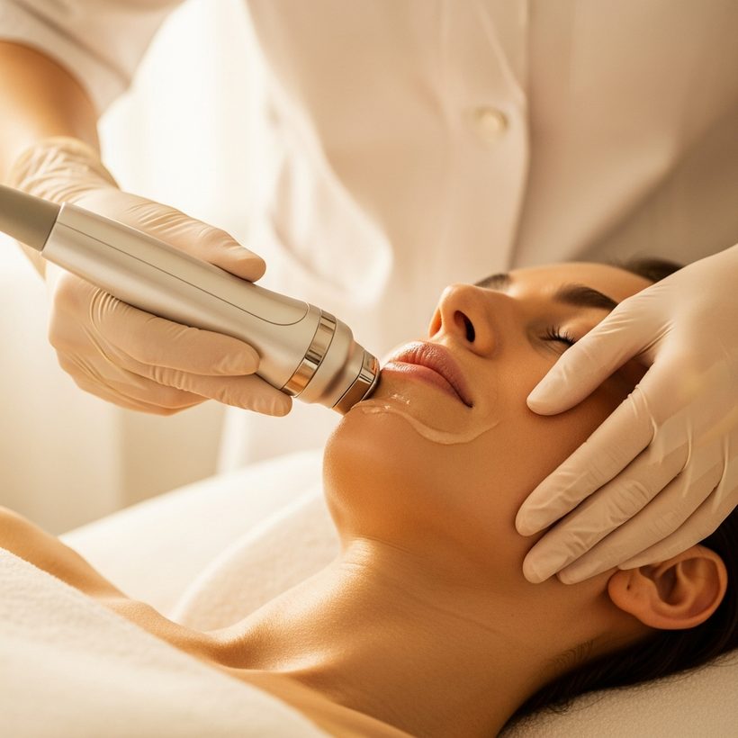 Radiofrequency skin tightening applicator along the jaw and neck